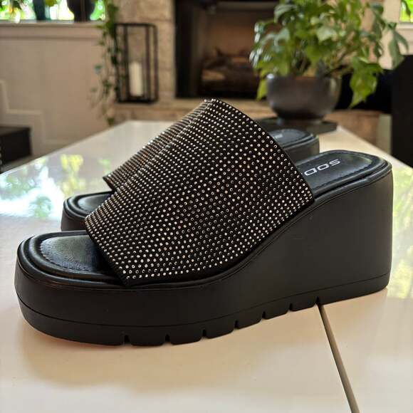 SODA Doodle Y2k Rhinestone Strap Platform Wedge Sandal Black 10M - Picture 1 of 7